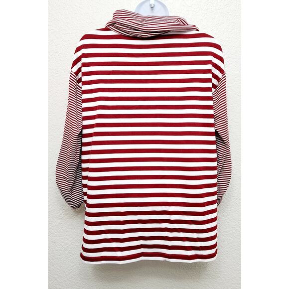 Ruby Rd. Red White Stripe Cowl Neck Long Roll Tab Sleeve Top PS Lightweight Soft - Picture 3 of 4